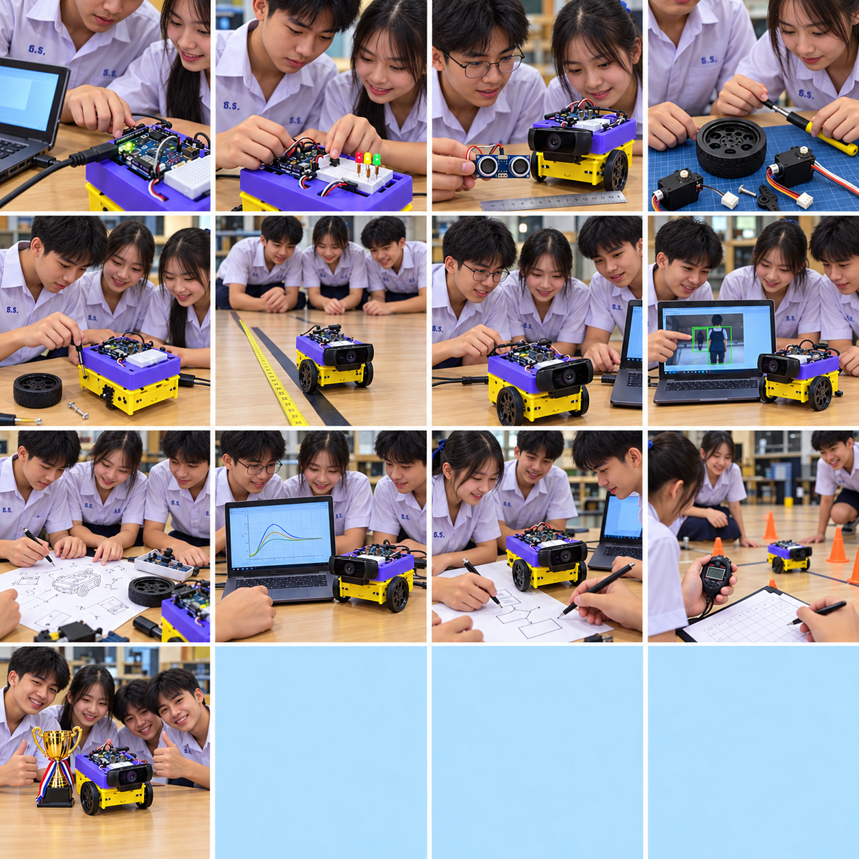 ภาพประกอบสร้างด้วย AI นักเรียนชายหญิงทำกิจกรรม: ประกอบหุ่นติดตามใบหน้า